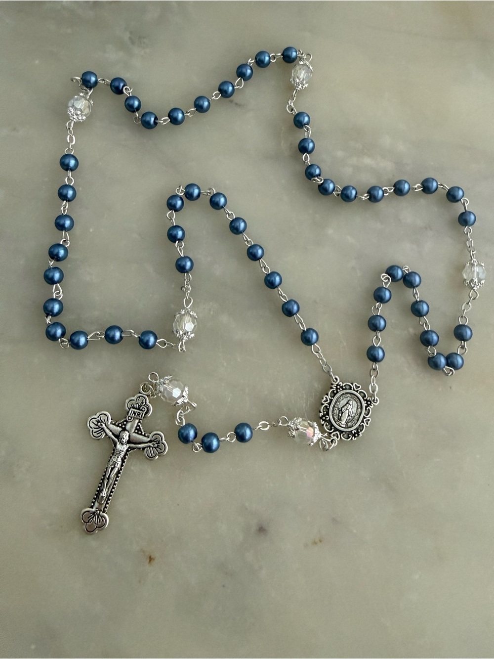 Blue Pearl with Crystal Rosary Necklace with Crucifix